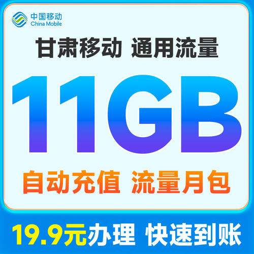 甘肃移动流量充值19.9元11GB国内通用流量月包