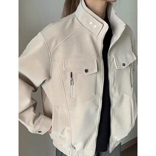 2025新款蓝色短款pu皮夹克男款秋季立领机车服皮衣中青年工装外套