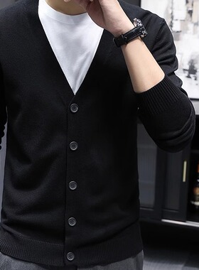 毛衣开衫男针织外套薄款2025春秋新款高级感休闲外穿V领线衣黑色
