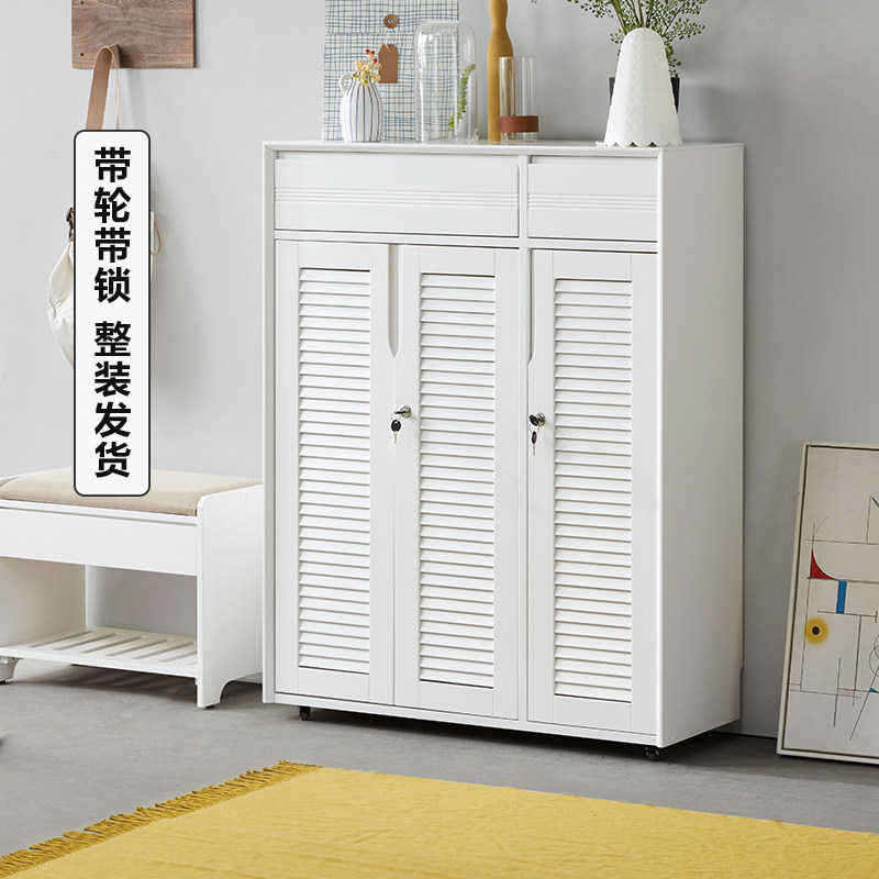 鞋柜家用门外带锁实木鞋柜大容量家用门口收纳柜带轮可移动储物柜