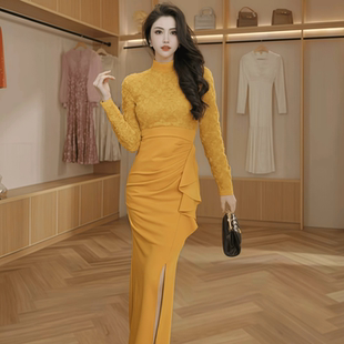 新款 51605 连衣裙女秋季 千金名媛风长袖 褶皱收腰遮肉显瘦长裙 法式