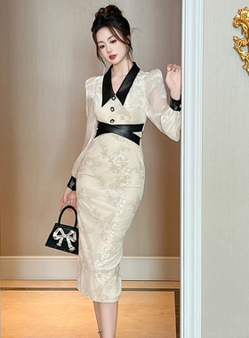 白色连衣裙秋季女新款轻奢高级感刺绣亮片翻领长袖修身显瘦长裙子