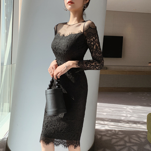 宴会气质黑色蕾丝连衣裙女秋季气质勾花镂空性感内搭中长包臀裙子