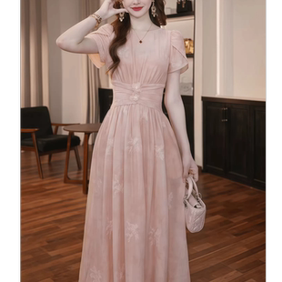 夏季 气质名媛高端轻奢修身 新款 粉色连衣裙法式 显瘦长裙 女装 21858