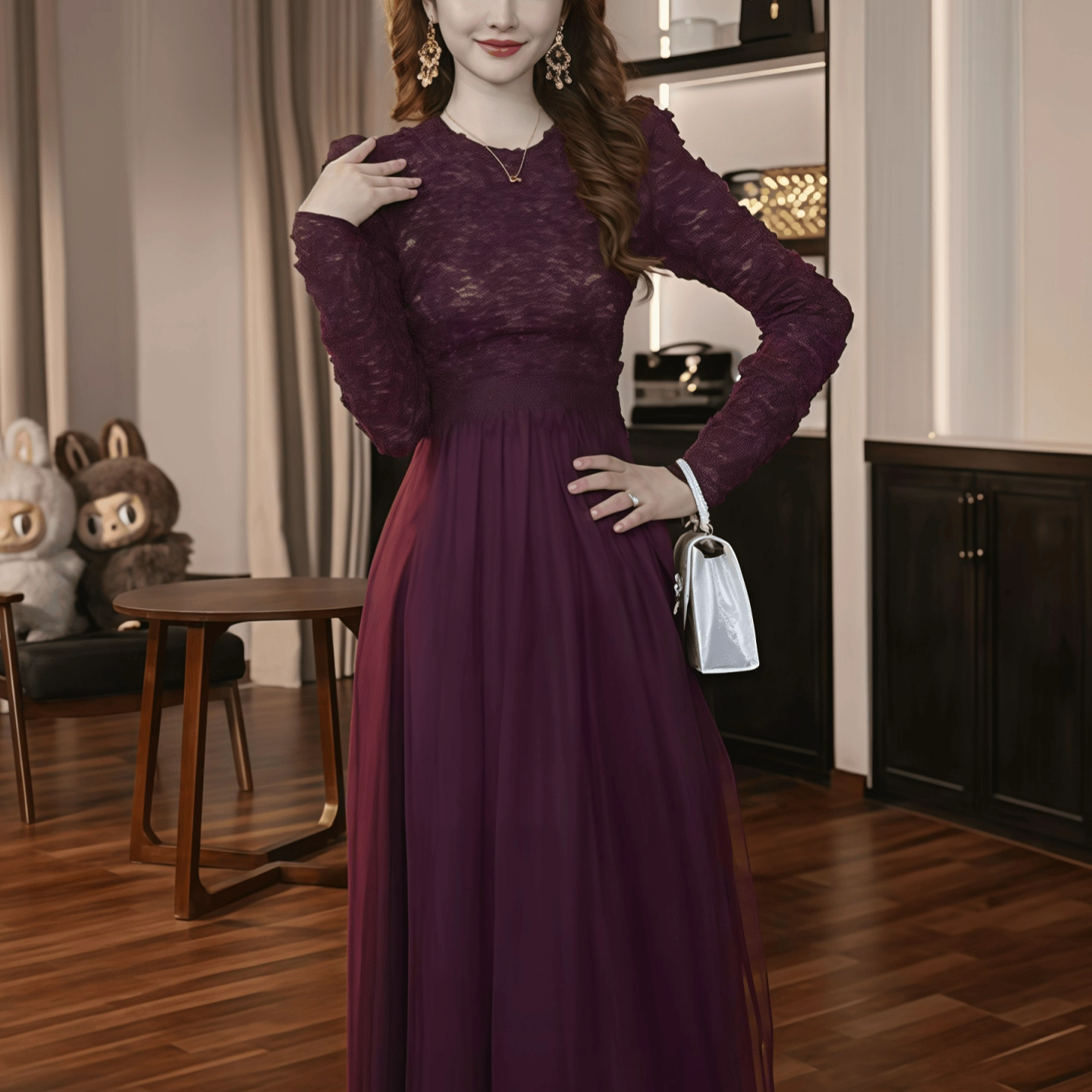 蕾丝拼接气质显瘦宴会a字裙子