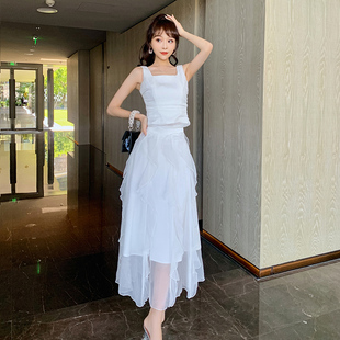 套装 裙 仙女时尚 甜美减龄洋气吊带背心荷叶边半身裙两件套2024夏季