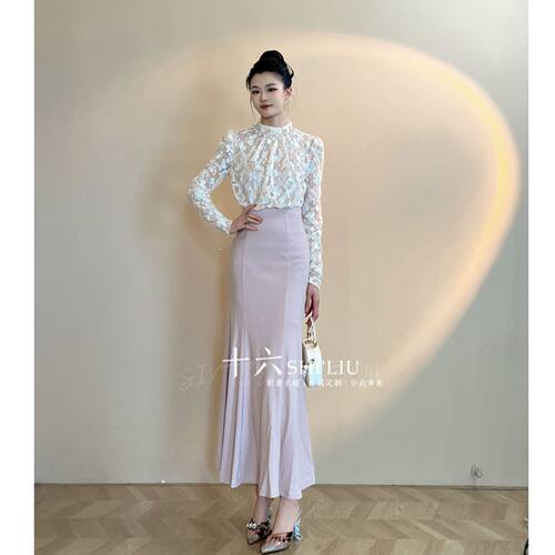 【十六原创】藕粉色时尚拼接名媛收腰女装连衣裙11480