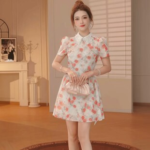 短裙 艳丽时髦超好看连衣裙翻领收腰显瘦富家千金风短袖 22073 法式