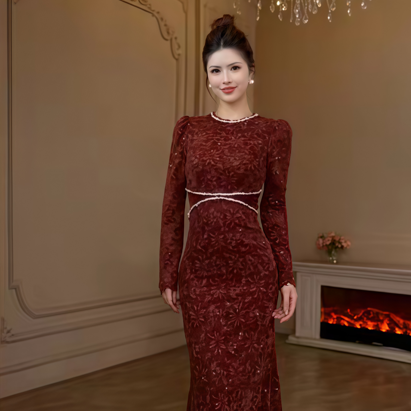 气质蕾丝名媛裙子礼服长袖韩版女