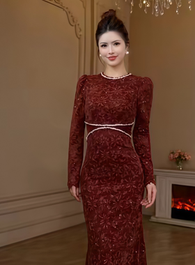 22880 安哥拉红复古秋冬收腰显瘦气质蕾丝名媛裙子礼服长袖韩版女