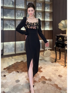 显瘦气质长袖轻奢黑色法式开叉收腰时尚修身名媛宴会连衣裙