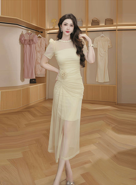 83080 名媛原创朵花朵礼服连衣裙夏季女轻奢小众宴会修身网纱长裙