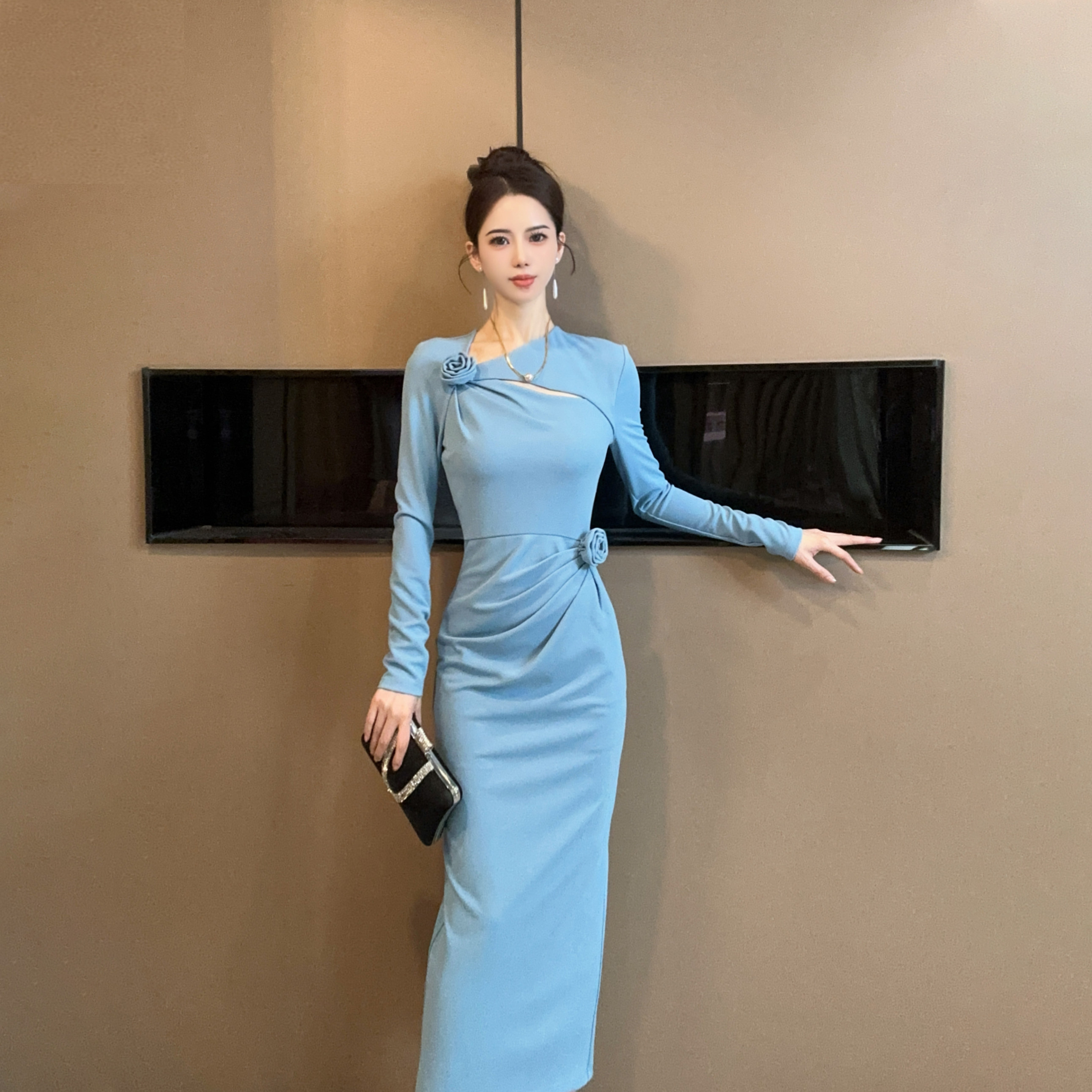 【设计师定制】新款法式复古玫瑰花修身显瘦气质减龄连衣裙11454