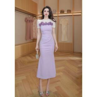 气质连衣裙 收腰花朵拼接修身 15642紫色短裙中长蕾丝裙夏季 新款