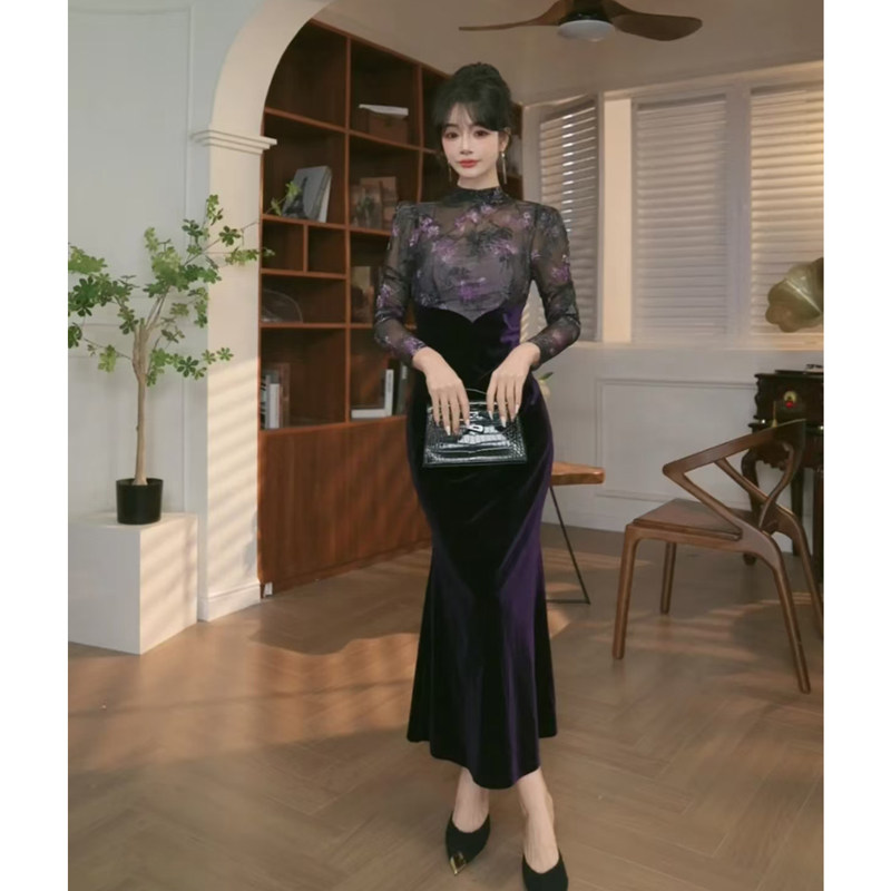 21076厅里厅气丝绒连衣裙新款女神高级感大衣内搭鱼尾礼服长裙