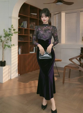 21076厅里厅气丝绒连衣裙新款女神高级感大衣内搭鱼尾礼服长裙