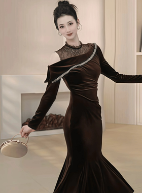 56083 气质晚礼服新款重要场合漂亮不对称美年会主持人丝绒鱼尾裙