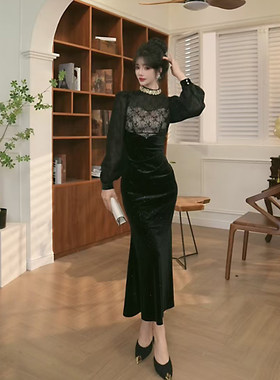 21541阔太太洋气高贵连衣裙秋新款女装冬天配大衣的裙子鱼尾礼服