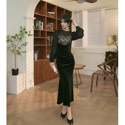 阔太太洋气高贵连衣裙秋冬2024新款女装冬天配大衣的裙子鱼尾礼服