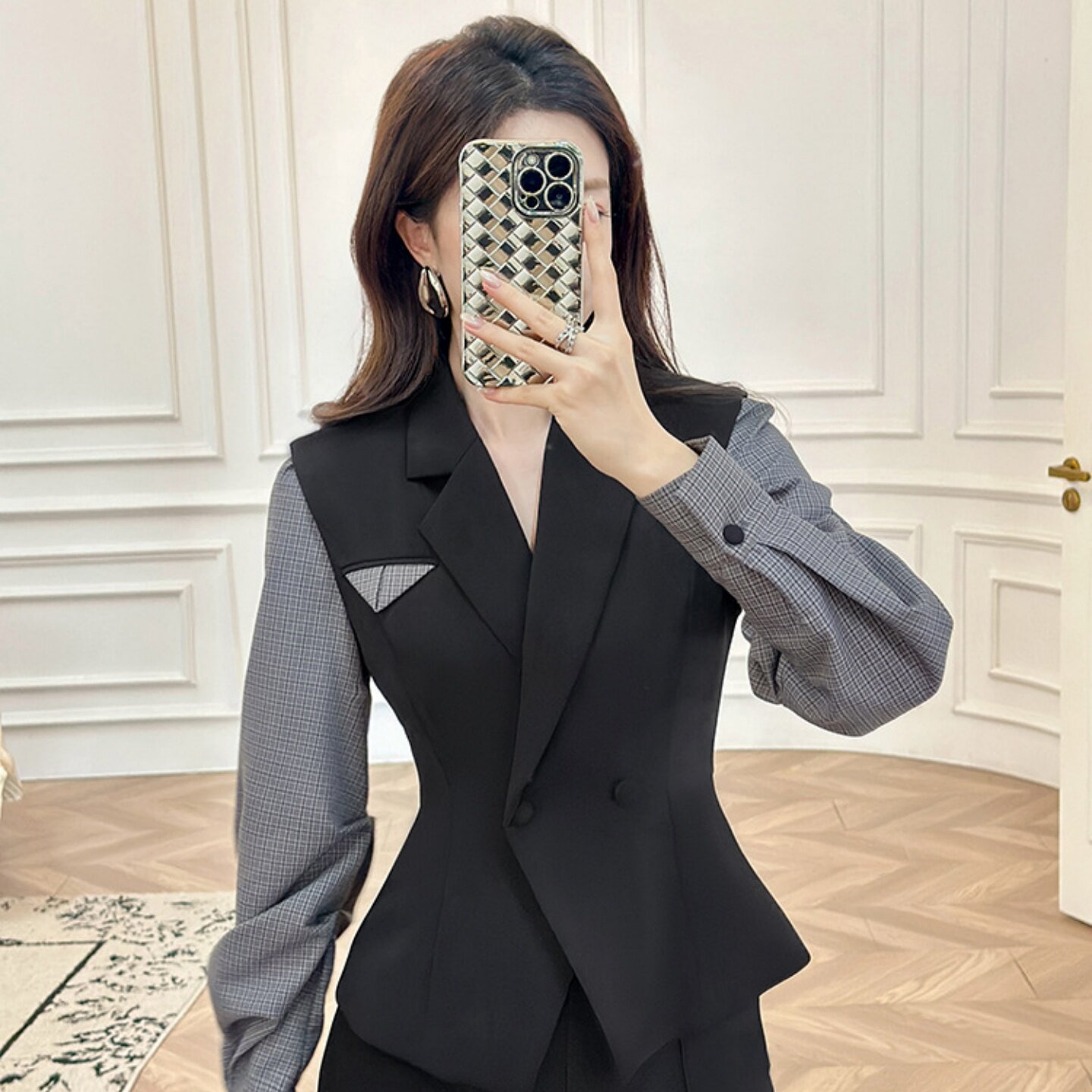 35389 高级感修身显瘦格纹拼接长袖衬衫设计感别致通勤西装领上衣