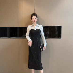 正常场合条纹气质连衣裙秋冬新款轻奢名媛高级感亮片晚礼服中裙子