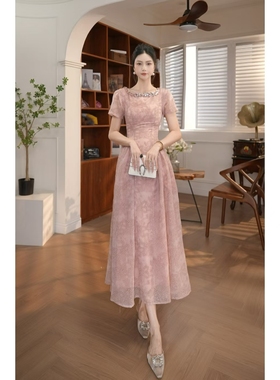 【宝总】优雅收腰修身名媛宴会显瘦轻奢方领设计感连衣裙21766