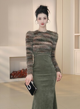 56068 法式显瘦气质复古修身名媛宴会连衣裙小礼服绿色系优雅时尚