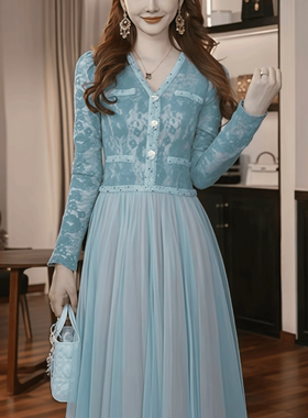 45456 蓝色法式独特赫本风高级感连衣裙网纱拼接a字裙子