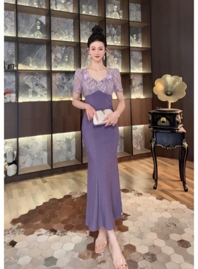 21670显瘦气质轻奢夏季修身紫色宴会时尚法式设计师优雅连衣裙