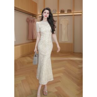 22067法式 重工小众优雅复古连衣裙 重工小众亮片中长裙显贵时尚