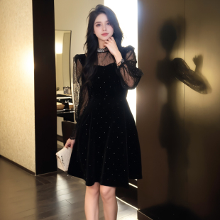 气场强大干练气质女神范丝绒连衣裙高级感网纱立领收腰A字短裙冬