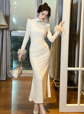 国风旗袍开叉连衣裙2024新款女气质白色新中式针织鱼尾礼服长裙