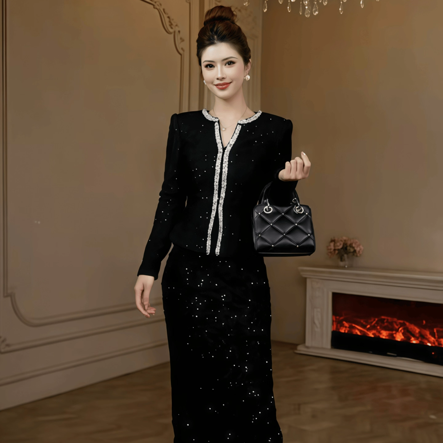 22035 今年流行高级感绝美修身显瘦连衣裙御姐黑色气质长袖包臀裙