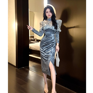 21073高端气质风丝绒连衣裙秋装女款新款美拉德穿搭长袖礼服长裙