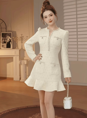 61359 小个子白色荷叶边短裙气质名媛轻奢重要场合小香风连衣裙