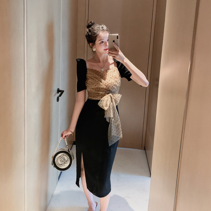 波点网纱蝴蝶结连衣裙女款夏新款方领泡泡袖开叉设计感中长款裙子