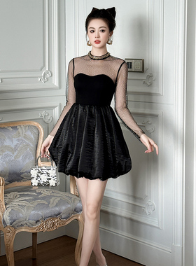 黑色连衣裙女春季高级感网纱拼接丝绒蓬蓬裙收腰显瘦生日年会礼服