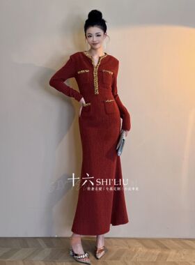 姹紫嫣红喜庆日常复古红色长袖名媛修身连衣裙65289