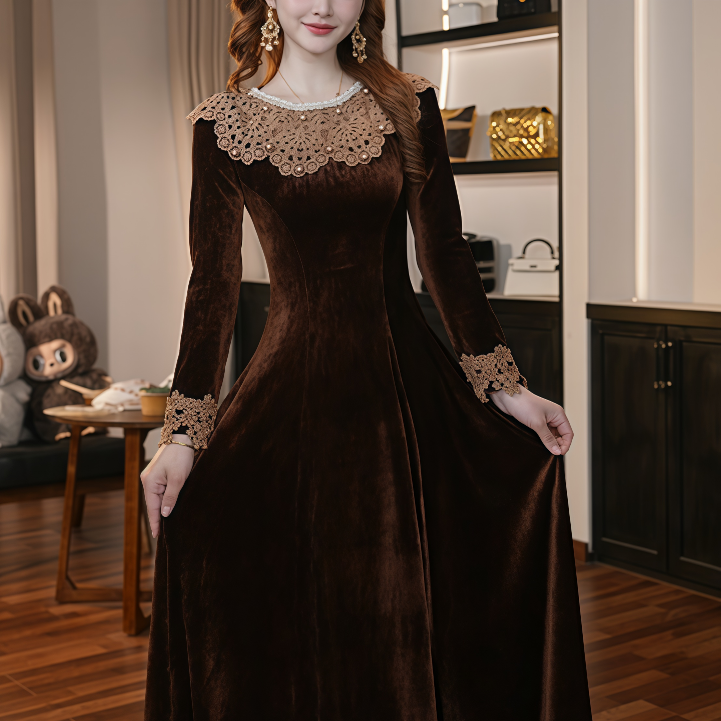 长款优雅大摆裙A字版拼接连衣裙