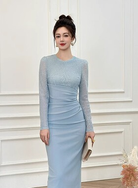 41106 秋冬新款法式蕾丝拼接连衣裙女收腰显瘦蓝色包臀长裙名媛风