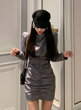 清仓捡漏灰色高腰连衣裙2024春秋新韩版气质款褶皱短裙包臀裙