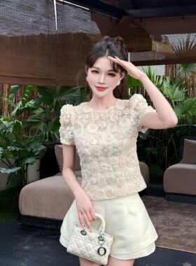 【CC专属】杏色朦胧透提花设计女春夏季新款设计感时尚显瘦-11588