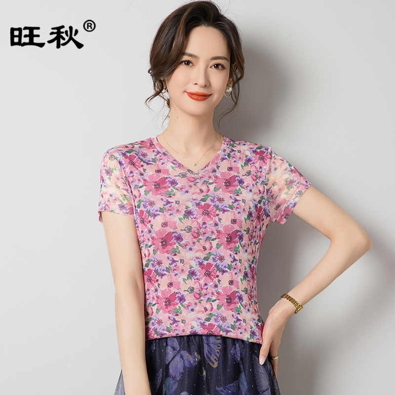 旺秋夏季网纱真丝印花V领短袖小衫女2025新款100桑蚕丝薄款T恤