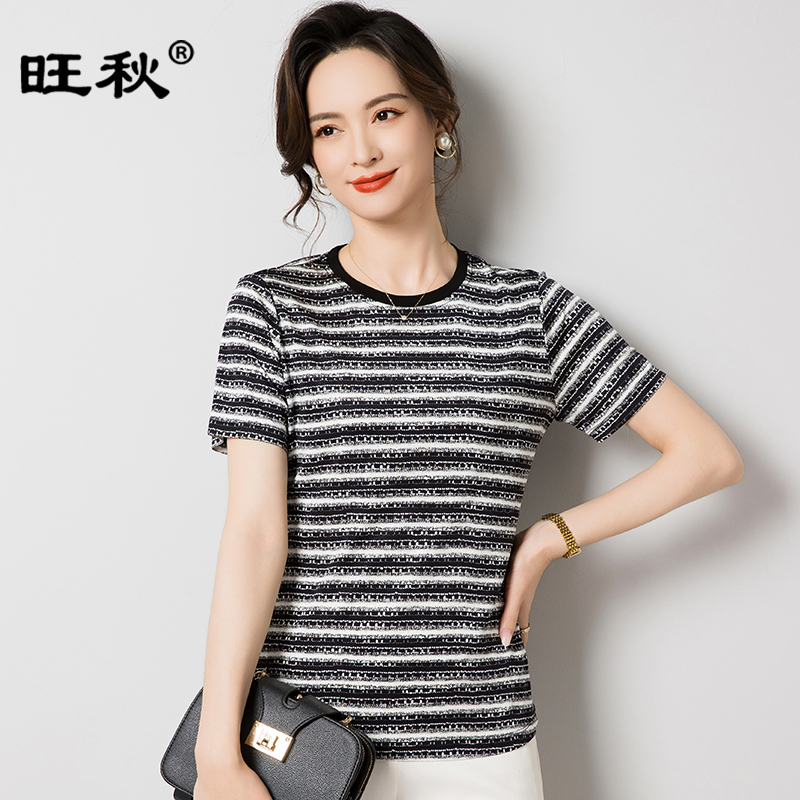 旺秋桑蚕丝T恤条纹撞色针织套头衫女圆领短袖薄款加捻真丝上衣女