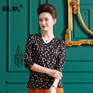 旺秋V领印花真丝上衣女圆点印花针织绸缎套头衫七分袖桑蚕丝T恤衫