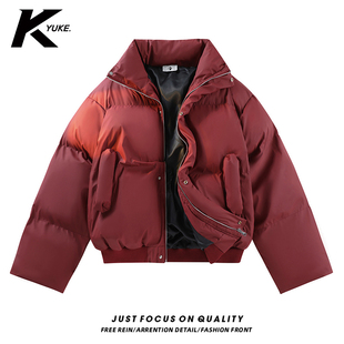 语克红色美式立领棉服男女款冬季痞帅高级感棉衣外套PU短款面包服
