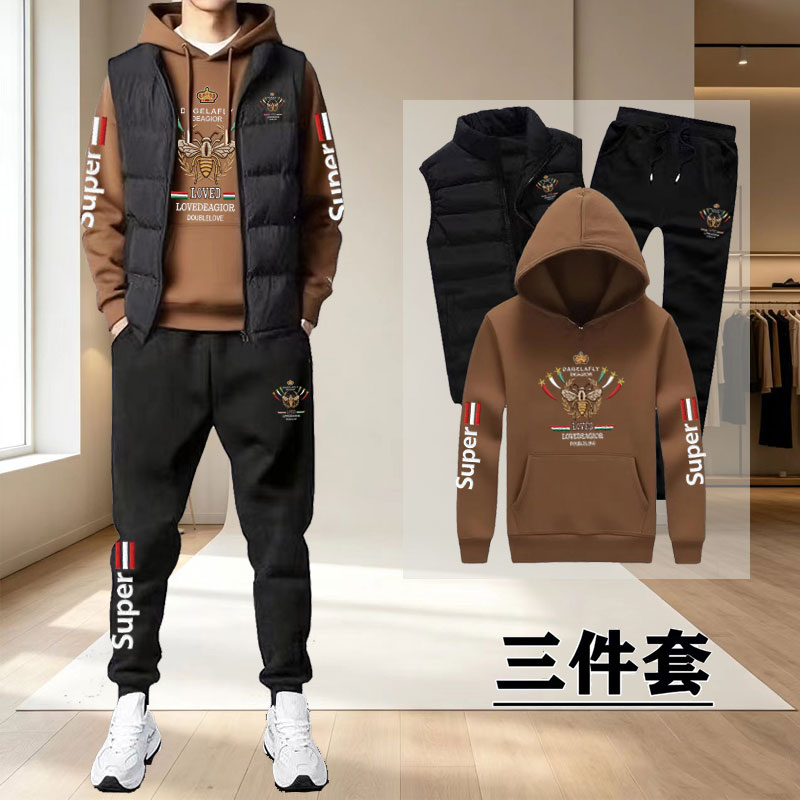 秋冬新款男士连帽卫衣马甲三件套加绒加厚休闲运动套装中青年男装