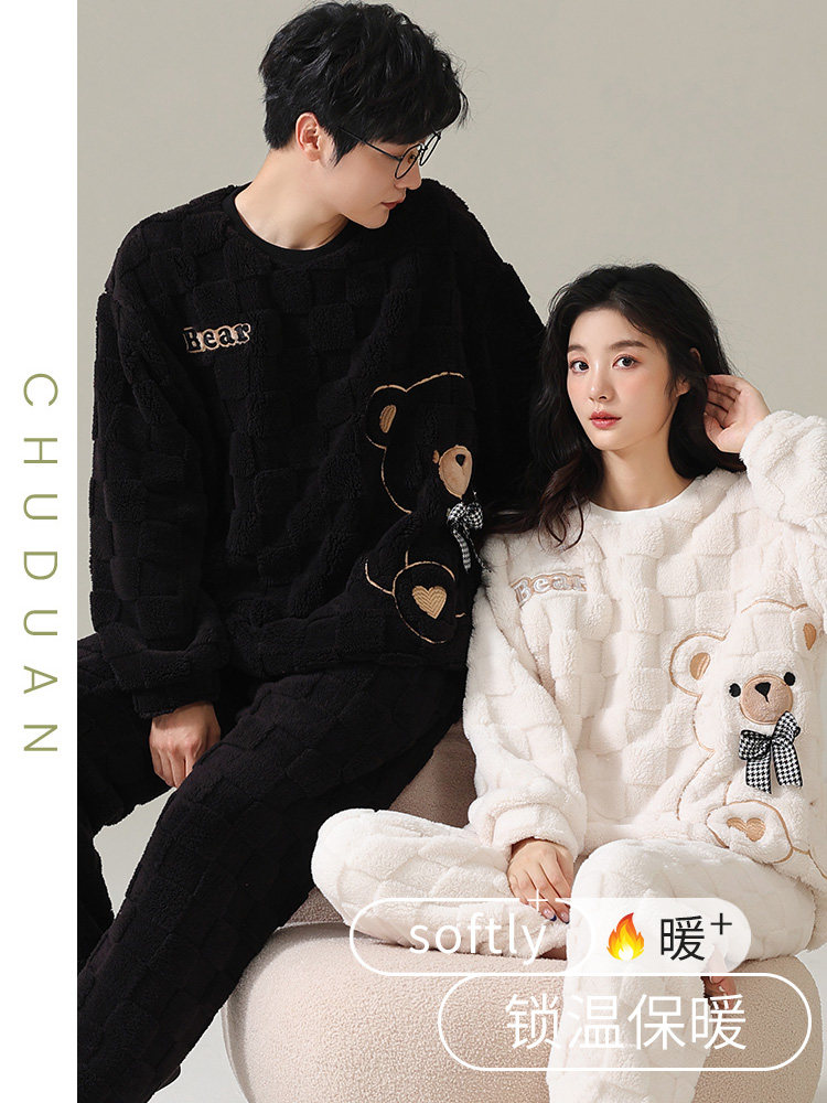 情侣睡衣秋冬季2025年新款珊瑚绒卡通可爱加绒加厚男女家居服套装