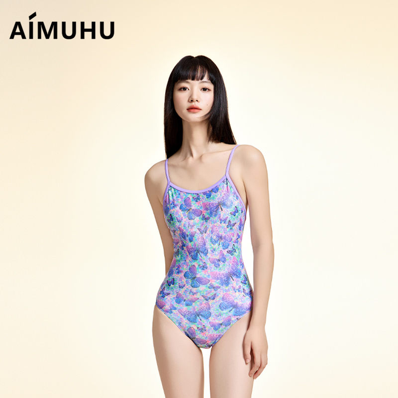 新款彩蝶系带泳衣三角连体游泳衣竞速专业紧身露背紫色仙气女运动