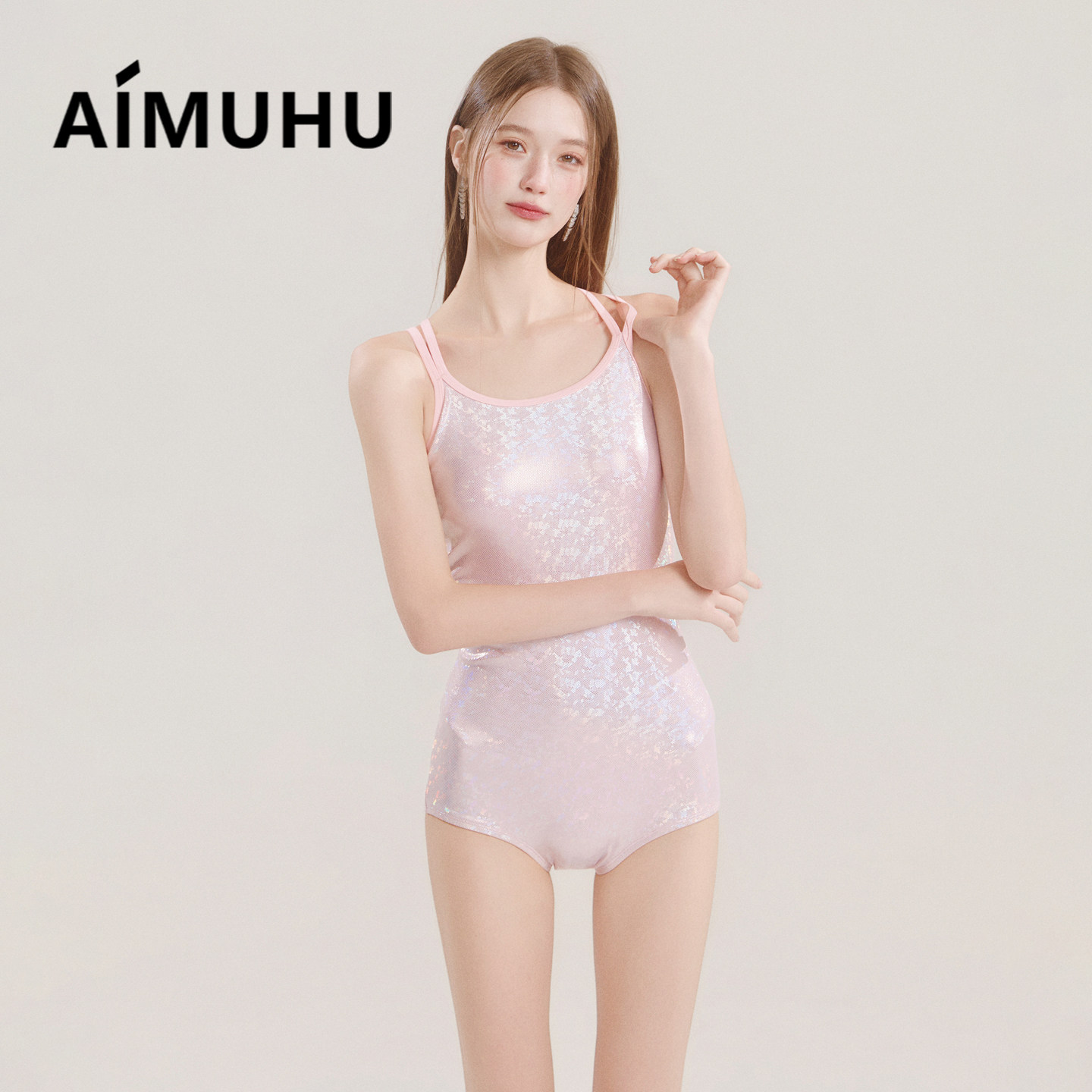 AIMUHU冰钻粉双肩带平角竞速连体泳衣女性感显瘦保守运动专业泳装